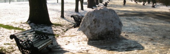 London in Snow - giant snowball on Broadwalk, Regent's Park